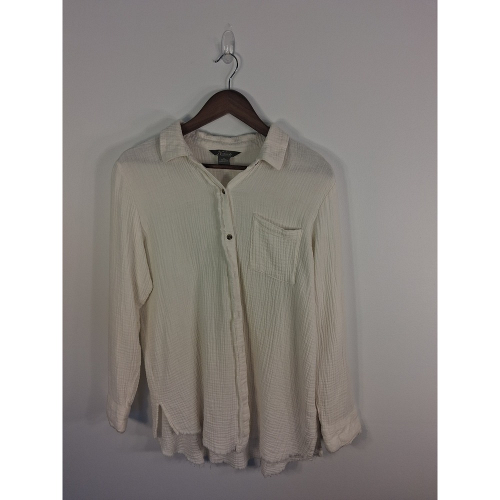 Coastal Boho Natural Reflections Gauze Button Down Women M Ivory Raw‎ Hem Cotton